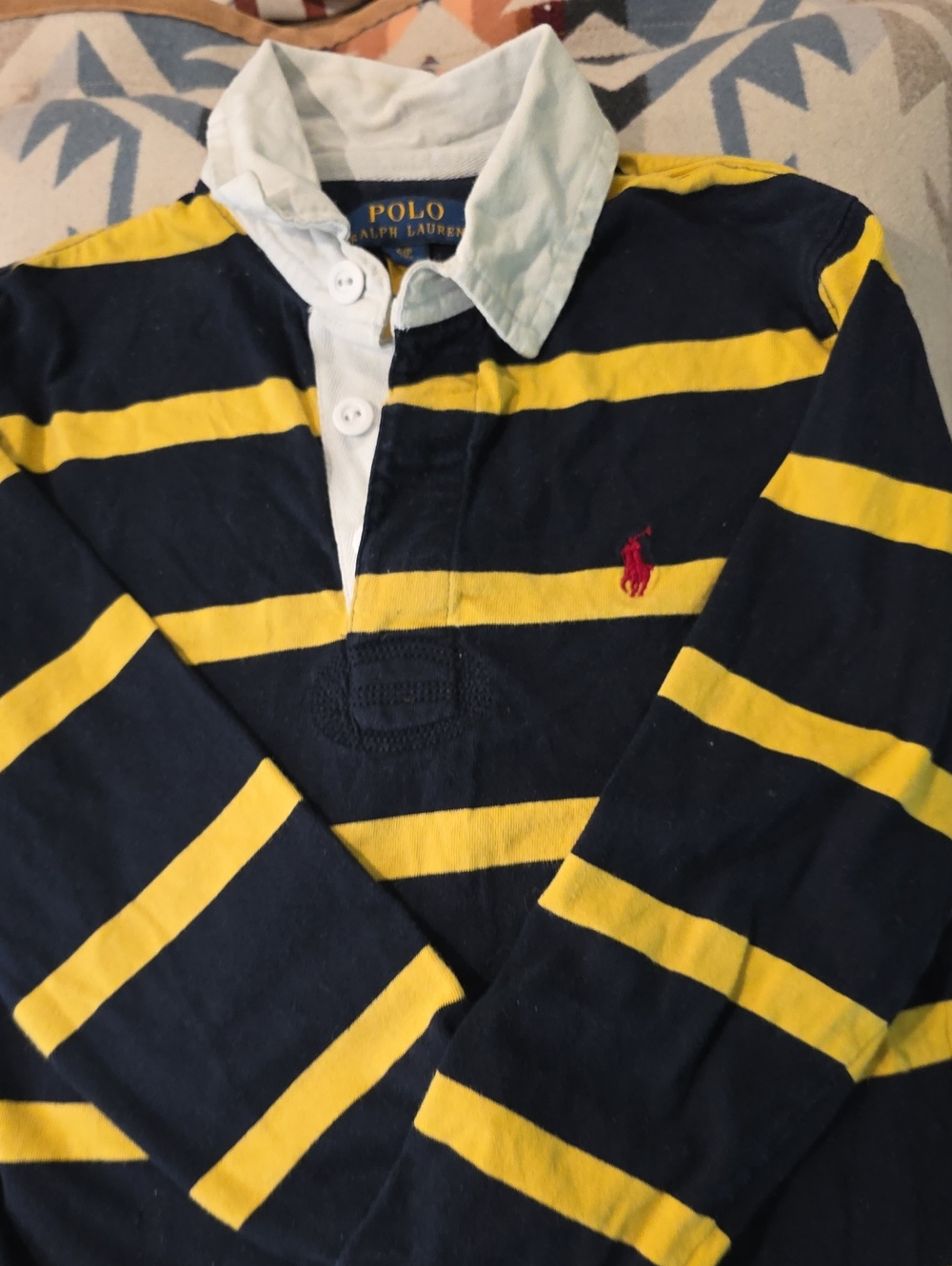 Boys Polo by Ralph Lauren Navy Yellow Striped Rugby Shirt w/White Collar S (8)